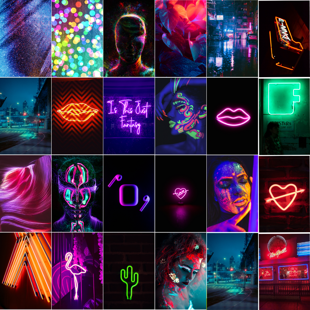 Eloria Creative Vision - A vibrant collage of neon cyberpunk digital art showcasing our AI-first creative studio's aesthetic